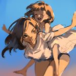  ana_(overwatch) bangs blue_sky blunt_bangs braid brown_eyes brown_hair captain_amari carrying casual child closed_eyes dress facial_mark facial_tattoo happy lying mother_and_daughter multiple_girls on_back open_mouth otuming outstretched_arms overwatch pharah_(overwatch) piggyback shirt shorts side_braids sky sleeveless sleeveless_dress smile tattoo white_dress white_shirt younger 