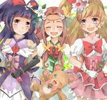  asahina_mirai blonde_hair bow braid cure_felice cure_magical cure_miracle earrings flower gloves ha-chan_(mahou_girls_precure!) hair_bow hair_flower hair_ornament hanami_kotoha hat izayoi_liko jewelry long_hair magical_girl mahou_girls_precure! mini_hat mini_witch_hat mofurun_(mahou_girls_precure!) multicolored multicolored_eyes nauka pink_hair precure purple_eyes purple_hair skirt smile white_gloves witch_hat 