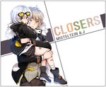  bad_id bad_pixiv_id bandages bandaid carrying character_name closers color_switch copyright_name green_eyes j_(closers) jacket male_focus mistilteinn_(closers) multiple_boys open_clothes open_jacket seok sunglasses thumb_sucking white_hair 