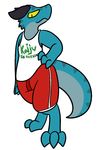  2016 aliasing ambiguous_gender anthro clothed clothing digital_media_(artwork) horn kobold reptile scalie shirt shorts simple_background text trout_(artist) yellow_eyes 