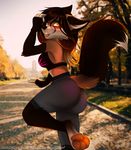  5_fingers anthro black_hair black_nose bra breasts brown_fur butt canine clothed clothing day detailed_background female fluffy fluffy_tail fox fur gradiewoof hair kiri_(character) legwear looking_back mammal midriff orange_eyes outside sky solo standing tan_fur underwear wide_hips 