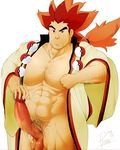  1boy abs bara body_hair bottomless erection male_focus multicolored_hair muscle pecs penis pokemon solo tagme testicles 