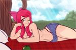  1girl apple apple_bloom blanket breasts bush cleavage grass jean_shorts long_hair looking_at_viewer lying my_little_pony my_little_pony_friendship_is_magic navel on_side pillow pink_hair plant red_panties ribbon scorpdk shorts smile solo topless tree wink yellow_eyes 