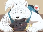  &lt;3 2016 anthro black_fur black_nose blue_eyes blush canine cat clothed clothing cute dog duo feline fur japanese_text looking_down lying male mammal mohumohuotou on_floor open_mouth pointy_ears size_difference sweat text whiskers white_fur 