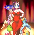 2015 2016 anthro anthrofied beauty_mark breasts cleavage clothed clothing cutie_mark dress equine eyeshadow feathered_wings feathers female fluttershy_(mlp) friendship_is_magic glacierclear group hair hair_over_eye half-closed_eyes hand_fan hand_on_hip hi_res holding_object horn huebree inside long_hair looking_at_viewer makeup mammal my_little_pony pegasus rainbow_dash_(mlp) rarity_(mlp) seductive simple_background slightly_chubby standing unicorn wide_hips wings 
