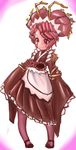  1girl antennae artist_request double_bun entoma_vasilissa_zeta fang insect_girl kimono maid maid_apron maid_headdress mary_janes monster_girl overlord_(maruyama) red_eyes red_hair sleeves_past_wrists solo 