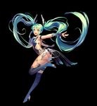  :d aqua_eyes aqua_hair armlet ass bangs black_background black_footwear black_gloves blue_footwear boots breasts eyelashes fingerless_gloves floating_hair from_side full_body gloves glowing gradient green_eyes green_hair hair_ornament hatsune_miku high_heel_boots high_heels jewelry leg_up liusang long_hair open_mouth outstretched_arms ring see-through shade sidelocks simple_background sleeveless small_breasts smile solo standing standing_on_one_leg twintails underboob very_long_hair vocaloid 