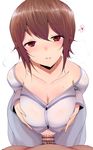  1girl blush breasts brown_eyes brown_hair cum girls_und_panzer han_(jackpot) heart hetero large_breasts looking_at_viewer nishizumi_maho paizuri paizuri_under_clothes parted_lips penis short_hair smile solo_focus spoken_heart 