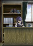  book bookshelf checkered checkered_neckwear eyepatch fingerless_gloves gloves ifuji_shinsen kantai_collection necktie no_headwear purple_hair reading short_hair sitting solo tenryuu_(kantai_collection) translation_request yellow_eyes 