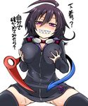  ahoge alternate_costume asymmetrical_wings black_hair black_legwear blush breast_grab breasts clenched_teeth covered_nipples grabbing grin hato_no_suisou highres houjuu_nue large_breasts purple_eyes sharp_teeth smile solo sweat teeth thighhighs touhou translated wings 