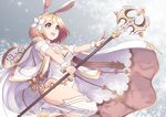  alternate_costume animal_ears blonde_hair boots breasts brown_eyes bunny_ears cape djeeta_(granblue_fantasy) flower granblue_fantasy hair_flower hair_ornament high_heels highres holding holding_staff leotard medium_breasts mku open_mouth outstretched_arms sage_(granblue_fantasy) short_hair short_sleeves smile solo staff white_footwear white_legwear wrist_cuffs 