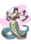  1girl black_hair bokuman breasts claws female four-armed lamia large_breasts monster_girl navel red_eyes tail 