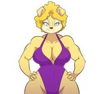  2016 alpha_channel anthro big_breasts blonde_hair blue_eyes breasts brown_nose canine cleavage clothed clothing dog female fur goblinhordestudios hair hi_res looking_at_viewer mammal muscular navel short_hair smile solo swimsuit wide_hips yellow_fur 