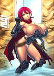  1girl armor bokuman breasts cleavage gigantic_breasts green_eyes grin red_hair scarf smile solo standing sword waterfall 