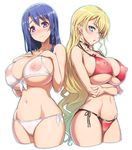  2girls bare_shoulders bikini blonde_hair blue_eyes blue_hair blush braid breast_hold breast_suppress breasts choker claire_harvey cleavage erect_nipples erect_nipples_under_clothes huge_breasts hundred inverted_nipples kashiwagi_miharu large_breasts light-skinned long_hair looking_at_viewer mole mole_under_eye mound_of_venus multiple_girls navel open_mouth purple_eyes red_bikini see-through side-tie_bikini side_braid simple_background smile standing swimsuit tied_hair underboob white_background white_bikini white_swimsuit wide_hips 