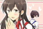  akagi_(kantai_collection) black_hair blush brown_hair commentary hands_together heart japanese_clothes kaga_(kantai_collection) kantai_collection long_hair looking_back mentai_mochi multiple_girls side_ponytail smile straight_hair tasuki 