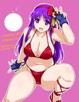  asamiya_athena bikini breasts fingerless_gloves gloves groin hairband huge_breasts leg_up long_hair open_mouth purple_eyes purple_hair red_hairband side-tie_bikini sideboob solo swimsuit the_king_of_fighters thick_thighs thighs yukitaka 