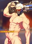  1boy abs assault_rifle erection face_mask gun highres lvlv male_focus mask muscle nipples overwatch pecs penis rifle scar scar_across_eye short_hair soldier:_76_(overwatch) solo sweat testicles topless visor 