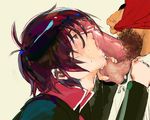  2boys brown_hair character_request drooling erection fellatio licking male_focus multiple_boys penis red_eyes saliva tagme testicle_grab tongue tongue_out undressing yaoi 