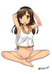  adjusting_hair alternate_hairstyle armpits arms_up bangs barefoot blush bottomless breasts brown_eyes brown_hair collarbone dark_skin ebifurya eyebrows eyebrows_visible_through_hair feet_together full_body groin hair_down highres i-401_(kantai_collection) kantai_collection long_hair mouth_hold navel no_bra no_pussy sailor_collar simple_background sitting sleeveless small_breasts solo stomach twitter_username white_background 