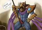  abs animal_genitalia animal_penis anthro avian azir_(lol) balls beak bird claws clothed clothing dialogue edit english_text erection keeyrow knot league_of_legends line_art male muscular nipples pecs penis simple_background solo speech_bubble staff standing talons text toe_claws video_games 