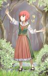  :o alternate_costume arm_up bangs bird blunt_bangs brown_eyes bug bush butterfly collarbone dress eyebrows eyebrows_visible_through_hair forest full_body german_clothes grass highres hood hood_down insect kantai_collection karikura_(atatata71) light_rays nature outdoors outstretched_arms red_hair short_hair solo sunbeam sunlight tree z3_max_schultz_(kantai_collection) 