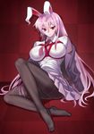  animal_ears blazer breast_bondage breasts bunny_ears impossible_clothes impossible_shirt jacket jonylaser large_breasts lavender_hair long_hair miniskirt necktie pantyhose pleated_skirt red_eyes red_neckwear reisen_udongein_inaba shibari shirt skirt solo touhou very_long_hair 