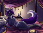  2016 anthro bed breasts candle canine claws digital_media_(artwork) dreamkeepers female fox fur grey_fur hair halo inside looking_at_viewer mammal mancoin miri_rodgers nails nipples nude purple_hair pussy smile solo 