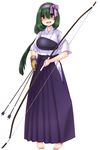  :d absurdres archery arrow bags_under_eyes barefoot blush bow_(weapon) brown_gloves esoragoto full_body gloves green_eyes green_hair hair_ribbon hakama highres hip_vent japanese_clothes kyuudou long_hair looking_at_viewer muneate open_mouth original partly_fingerless_gloves purple_hakama ribbon shaded_face simple_background single_glove smile solo weapon white_background yugake yumi_(bow) 