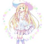  blonde_hair braid dress green_eyes hat highres kneehighs lillie_(pokemon) long_hair open_mouth pokemon pokemon_(game) pokemon_sm ririmaru_(ririmarunyan) sleeveless sleeveless_dress solo sun_hat twin_braids very_long_hair white_dress white_legwear 