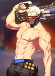  1boy abs assault_rifle belt_pouch explosive face_mask grenade gun highres lvlv male_focus mask muscle nipples overwatch pecs rifle scar scar_across_eye short_hair soldier:_76_(overwatch) solo topless visor weapon 