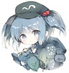  backpack bag blue_eyes blue_hair blush chibi hair_bobbles hair_ornament hat kawashiro_nitori key kotatu_(akaki01aoki00) open_mouth solo touhou two_side_up white_background 