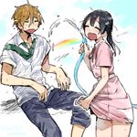  1girl black_hair brown_hair closed_eyes hose kitashirakawa_tamako long_hair momose_(oqo) necktie ooji_mochizou open_mouth rainbow school_uniform short_hair tamako_market water wet wet_clothes 