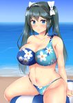  arms_at_sides asymmetrical_clothes bad_id bad_pixiv_id ball beach beachball bikini blue_bikini blue_eyes bow breasts collarbone covered_nipples eyebrows eyebrows_visible_through_hair floral_print green_hair groin hair_bow hairband huge_breasts isuzu_(kantai_collection) kantai_collection kisaragi_nana legs_apart long_hair looking_at_viewer navel ocean partially_visible_vulva pink_lips smile solo stomach sweatdrop swimsuit twintails water white_bow 