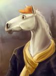  2011 anthro big_ben brown_eyes bust_portrait clothed clothing digital_media_(artwork) digital_painting_(artwork) equine front_view fur hat hi_res horse mad_depos male mammal portrait scarf solo white_fur 