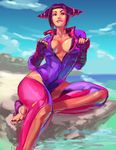  barefoot beach biting black_hair bodysuit breasts catsuit cleavage day drill_hair fingerless_gloves gloves han_juri large_breasts lip_biting looking_at_viewer nail_polish naughty_face nipples no_bra partially_undressed pink_nails purple_eyes sitting skin_tight solo street_fighter street_fighter_v theabsolutelimit toeless_legwear toenail_polish toes twin_drills underboob unzipped watermark web_address 