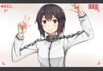  &gt;:) bangs black_hair blurry blush brown_background grey_eyes hayasui_(kantai_collection) jacket kantai_collection karikura_(atatata71) letterboxed long_sleeves looking_at_viewer recording short_hair simple_background smile solo track_jacket upper_body v-shaped_eyebrows viewfinder w zipper 