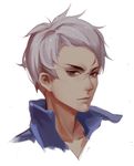  blue_shirt brown_eyes collarbone face korol looking_at_viewer lowres male_focus overwatch scar shirt simple_background soldier:_76_(overwatch) solo white_background white_hair younger 