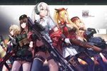 aqua_eyes assault_rifle bad_id bad_pixiv_id bangs belt belt_buckle beretta_bm_59 beretta_model_38 beretta_model_38_(girls_frontline) black_gloves black_hat black_legwear black_shorts black_skirt blonde_hair blue_eyes blurry bm59_(girls_frontline) breasts brown_hair buckle bullet bullpup capelet cartridge choker cleavage closed_mouth collared_shirt crop_top depth_of_field double-breasted dress_shirt dual_wielding f2000_(girls_frontline) fingerless_gloves fn_f2000 garter_straps general_dynamics_lwmmg girls_frontline gloves gun hair_between_eyes hair_ornament hairclip hand_on_hip handgun hat headphones headset highres holding holding_gun holding_weapon jacket large_breasts long_hair lwmmg_(girls_frontline) m1911 m1911_(girls_frontline) machine_gun medium_breasts microphone midriff miniskirt motion_blur multiple_girls necktie off_shoulder pantyhose pistol pleated_skirt pocket profile red_hat red_jacket red_neckwear rff_(3_percent) rifle shade shirt short_hair short_shorts short_sleeves shorts side-by-side single_thighhigh skirt smile snap-fit_buckle snowing star striped striped_neckwear submachine_gun thigh_strap thighhighs trigger_discipline twintails weapon white_gloves white_hair white_legwear white_shirt white_skirt zettai_ryouiki 