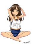  adjusting_hair alternate_hairstyle armpits arms_up bangs bare_legs barefoot blush breasts brown_eyes brown_hair collarbone dark_skin ebifurya eyebrows eyebrows_visible_through_hair feet_together full_body groin hair_down highres i-401_(kantai_collection) kantai_collection long_hair mouth_hold one-piece_swimsuit sailor_collar school_swimsuit simple_background sitting sleeveless small_breasts solo swimsuit twitter_username white_background 