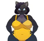  2016 alpha_channel anthro big_breasts black_fur black_hair black_nose blue_eyes breasts cat cleavage clothed clothing feline female fur goblinhordestudios hair hi_res looking_at_viewer mammal navel short_hair slightly_chubby smile solo swimsuit wide_hips 