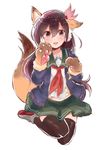  animal_ears brown_eyes brown_hair cardigan fox_ears fox_tail full_body gloves itomugi-kun kantai_collection kemonomimi_mode kisaragi_(kantai_collection) long_hair paw_gloves paws remodel_(kantai_collection) school_uniform serafuku solo tail thighhighs 