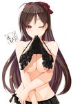 ;) ahoge bangs bare_shoulders bikini bikini_lift black_bikini blush breast_squeeze breasts brown_hair clothes_in_mouth collarbone esg_(essagna) eyebrows eyebrows_visible_through_hair eyelashes frilled_bikini frills hair_between_eyes hair_ornament hair_ribbon hairclip halterneck highres kantai_collection large_breasts lifted_by_self long_hair looking_at_viewer mamiya_(kantai_collection) mouth_hold navel one_eye_closed red_eyes ribbon shade side-tie_bikini simple_background smile solo stomach swimsuit underboob upper_body very_long_hair white_background 