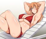  armpits arms_up bikini blue_eyes blush breasts charlotte_e_yeager crossed_legs huge_breasts kuronyan long_hair looking_at_viewer one_eye_closed orange_hair red_bikini shiny shiny_skin sideboob smile solo strike_witches summer swimsuit thighs underboob world_witches_series 