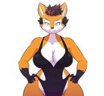  2016 alpha_channel anthro big_breasts black_fur black_hair breasts brown_nose canine cleavage clothed clothing female fox fur goblinhordestudios grin hair looking_at_viewer mammal navel orange_fur red_hair short_hair smile solo swimsuit white_fur wide_hips yellow_eyes 