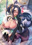  ahri animal_ears black-framed_eyewear black_hair black_legwear black_panties breasts brown_eyes character_name cian_yo clock cum cum_on_body cum_on_breasts cum_on_upper_body facial fox_ears fox_tail glasses heart heart-shaped_pupils highres jewelry lace lace-trimmed_thighhighs large_breasts league_of_legends lips long_hair miniskirt mouth_hold multiple_tails nipples office_lady one_eye_closed panties panty_pull ponytail pussy_juice ring skirt solo symbol-shaped_pupils tail thighhighs underwear watermark web_address whisker_markings 