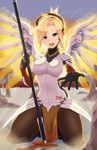  aqua_eyes backlighting blonde_hair bodysuit breasts commentary gloves highres kneeling magister_(medical_whiskey) mechanical_halo mechanical_wings medium_breasts mercy_(overwatch) open_mouth overwatch pantyhose reaching short_hair smile solo spread_wings staff teeth thighs wings yellow_wings 