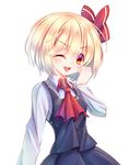  ascot blonde_hair blush eyebrows eyebrows_visible_through_hair hair_ribbon hand_on_own_cheek one_eye_closed open_mouth red_eyes ribbon rumia short_hair solo touhou upper_body white_background z.o.b 