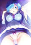  blue_eyes blue_hair blush breasts chestnut_mouth covered_nipples hair_ornament hair_over_one_eye large_breasts looking_at_viewer panties re:zero_kara_hajimeru_isekai_seikatsu rem_(re:zero) short_hair solo teruru underwear upskirt white_panties x_hair_ornament 