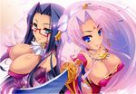  black_hair blue_eyes breasts cleavage crossed_arms dark_skin elbow_gloves glasses gloves green_eyes hair_ornament highres holding holding_weapon jewelry katagiri_hinata koihime_musou large_breasts long_hair looking_at_viewer looking_up mole multiple_girls petals pink_hair shuuyu smile sonsaku sword very_long_hair weapon 